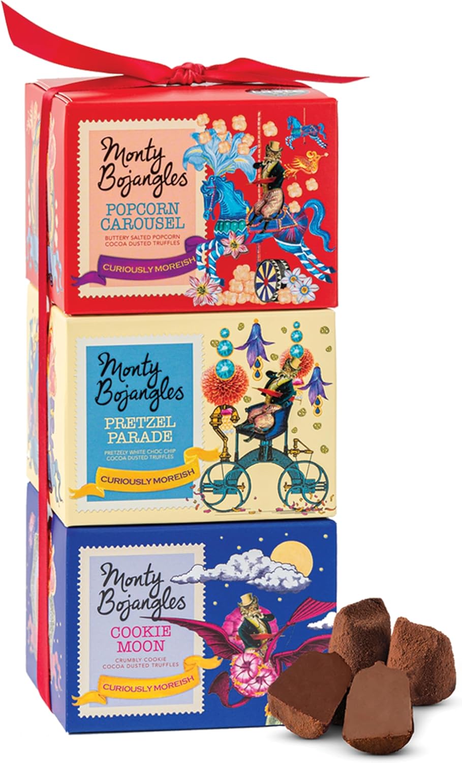 Monty Bojangles Cocoa Dusted Truffles Gift Tower (Movie Night - 3 x 100g Pack) 3 Luxury Chocolate Truffle Boxes - Popcorn Carousel, Pretzel Parade & Cookie Moon - The Perfect Chocolate Box Selection