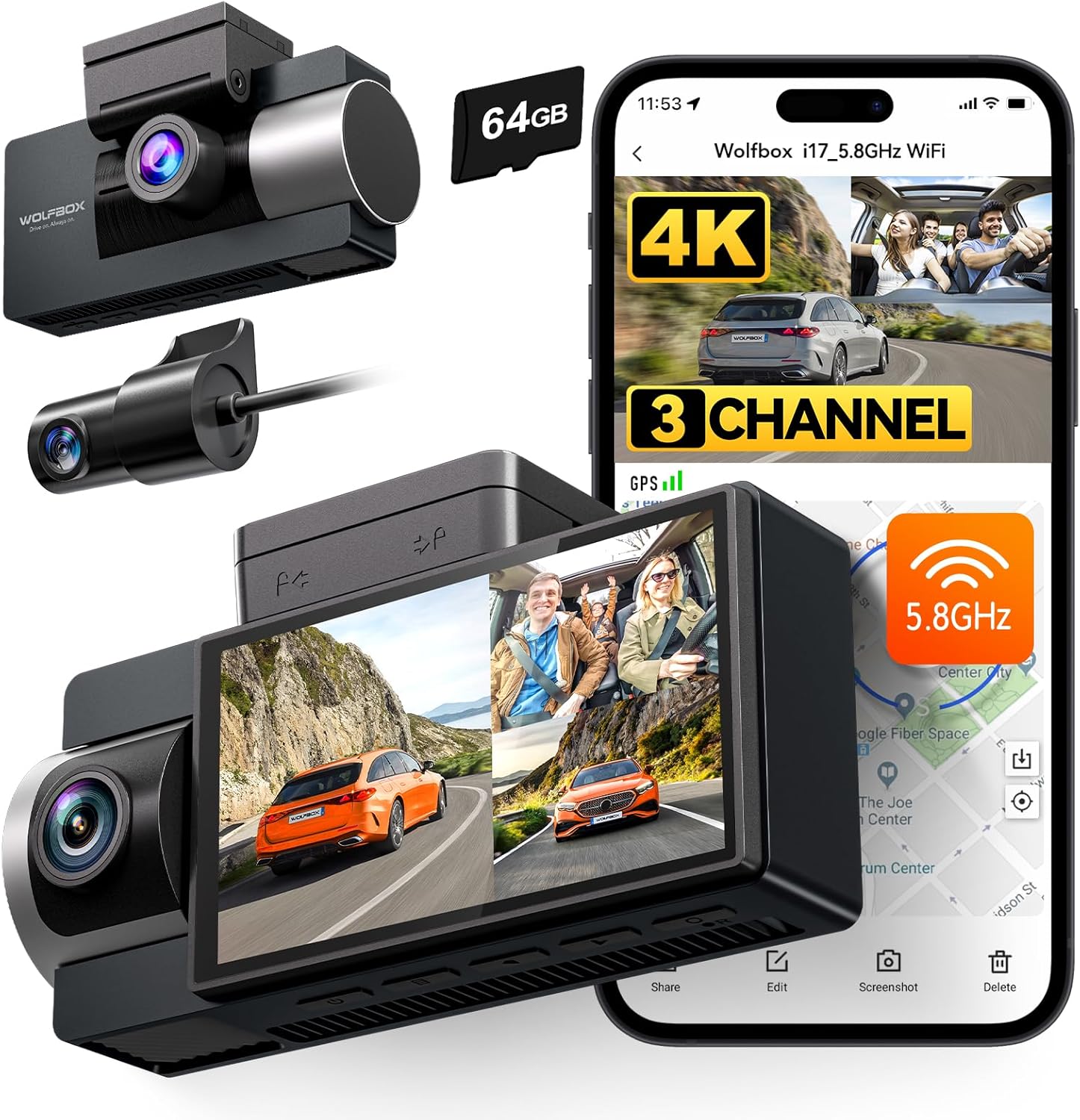 WOLFBOX i17 4K 3 Channel Dash Cam Built-in 5.8GHz WiFi with 64GB Card, 4K+1080P+1080P Dash Cam Front and Rear Inside, Triple Car Camera with 3 Inch Screen, IR Night Vision, WDR, 24H Parking Mode, GPS