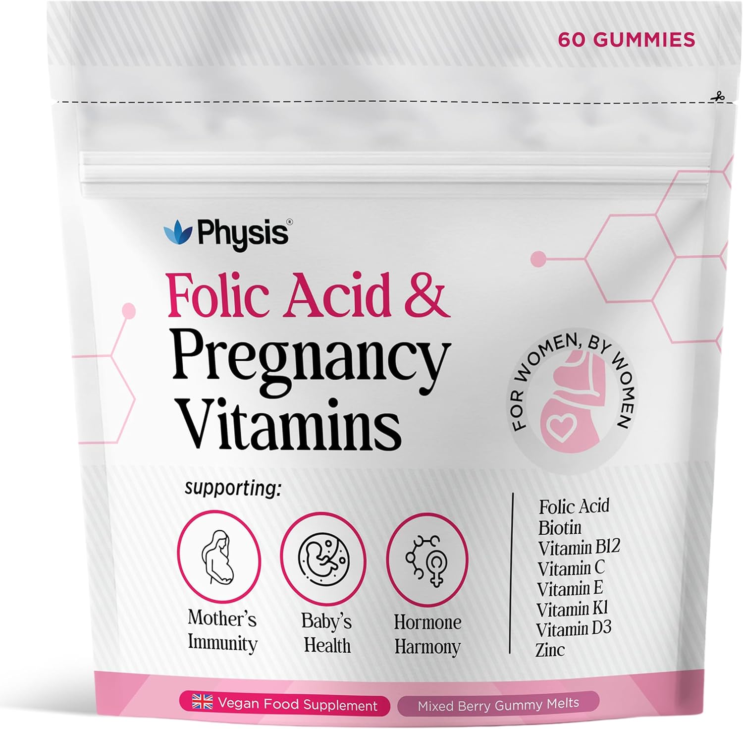 Physis Folic Acid & Pregnancy Vitamins | Prenatal Vitamins for Women | 60 Vegan Melt-in-Your-Mouth Mixed Berry Gummies | with Folic Acid, Vitamin D3, B12, Zinc, Iodine | UK-Made Pregnancy Supplements