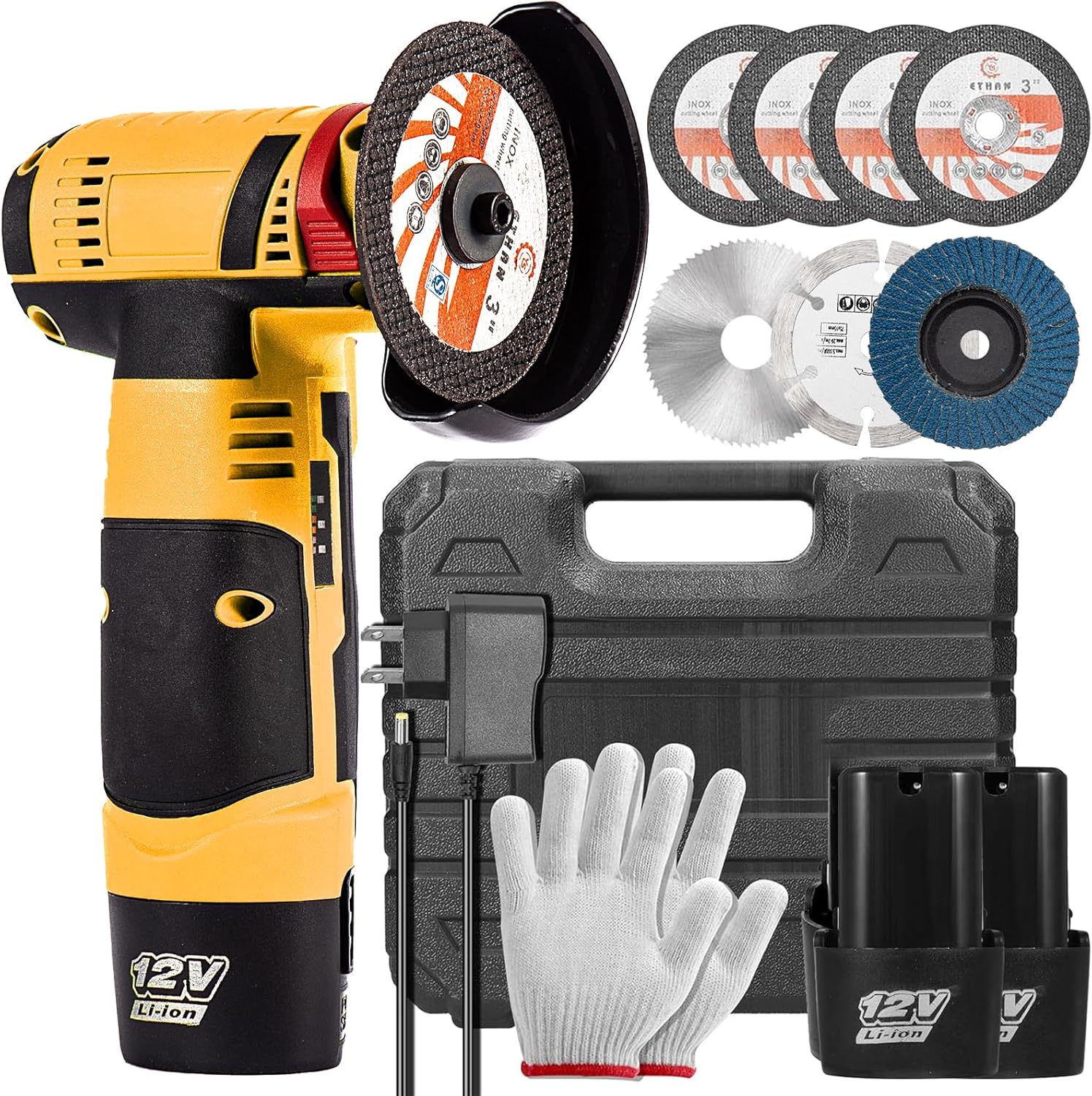 Cordless Angle Grinder, Mini Angle Grinder with 2pcs Batteries, 19500RPM with 7 Cutting Discs, 76mm Side Disc Small Battery Tool for Cutting, Polishing and Sanding, Yellow