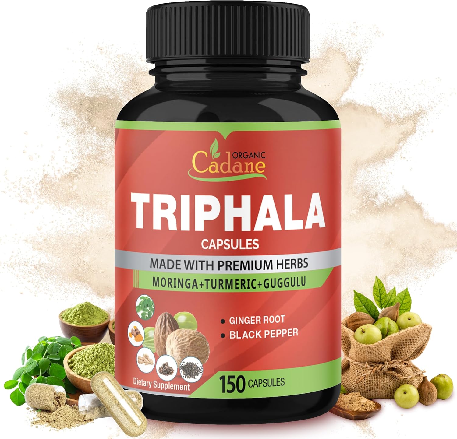 Organic Cadane Triphala Extract Capsules, 5 Months Supply with Turmeric, Guggulu, Ginger, Black Pepper, Moringa - Support Digestion Health & Immune System