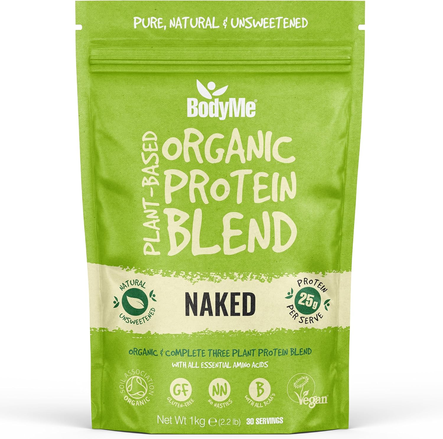 BodyMe Organic Vegan Protein Powder Blend, Naked Natural - Unsweetened, Low Carb, 3 Plant Based Vegan Protein Powder with 25g of Complete Protein, Gluten and GMO Free, 1kg | UK