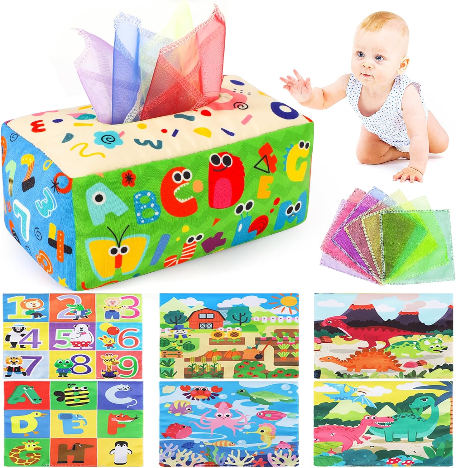 URMYWO Baby Tissue Box Toy - Montessori Baby Toys for 6-12 Months 1 Year Old Boy Girl - Soft Crinkle Sensory Toys for Infant Toddlers - Easter Basket Essentials Stuffers - Baby Boy Girl Gifts
