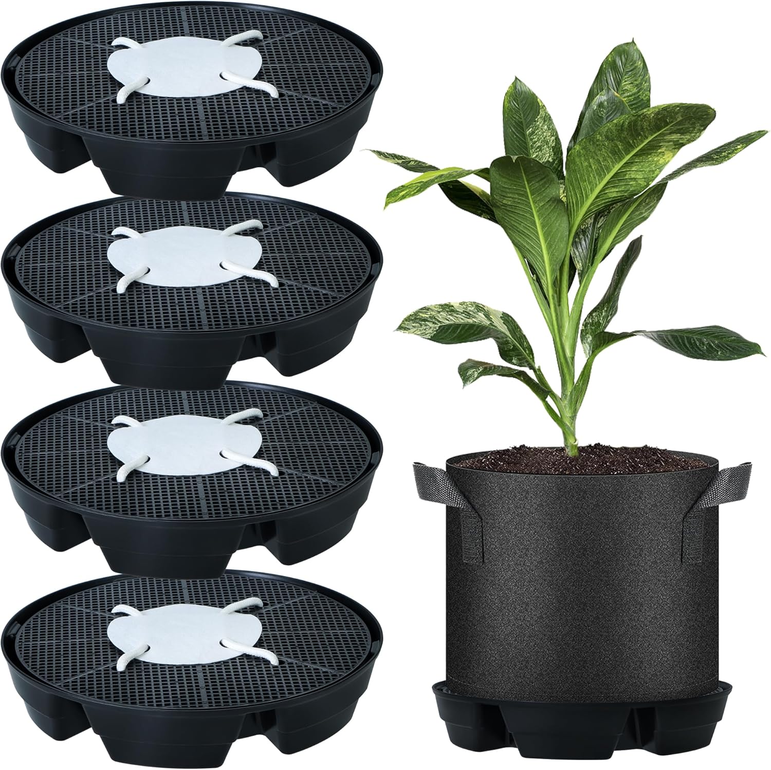 4 Pcs Self-Watering Pot Base, Auto-Irrigation System Plant Saucer for 5 Gallon Fabric Pots, Auto Watering Plant Water Tray Fabric Planter Self Watering System for Indoor Greenhouses Grow Tents Gardens
