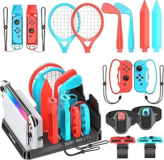 Switch Sports Accessories Bundle with Organizer Station Compatible with Nintendo Switch/ OLED Console & Joy-con, Storage and Organizer for Switch Sports Games, Accessories Kit for Nintendo NES Games