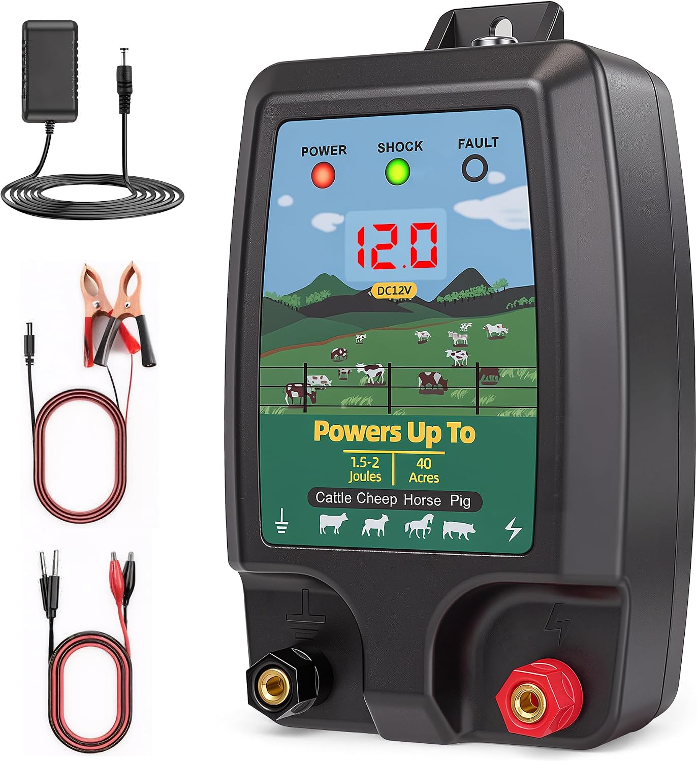 Electric Fence Charger 15 Miles, 12KV Pulse Charger AC/DC Solar Compatible, Heavy Duty Livestock 2J Fence Charger for Cattle, Horses, Poultry, Garden Deer & Wildlife Control, LED Display with Alarm