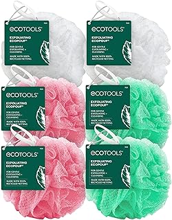 EcoTools Exfoliating EcoPouf, Shower Loofah Scrubs & Cleanses, Pouf with Recycled Netting, Exfoliation Removes Dead Skin, Eco-Friendly Bath Accessory, Cruelty-Free, Color May Vary, 6 Count (60g)