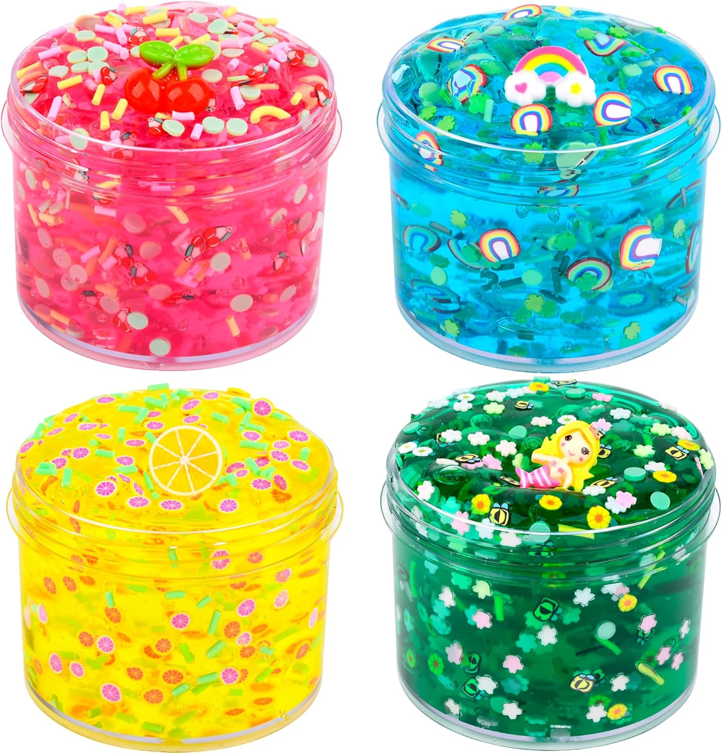 4 Piece Kit Jelly Crunchy Slime, Red Cherry,Blue Rainbow Yellow Lemon and Green Mermaid Jelly Crunchy Slime, Super Soft and Non-Stick, Birthday Gift Slime Party Gift
