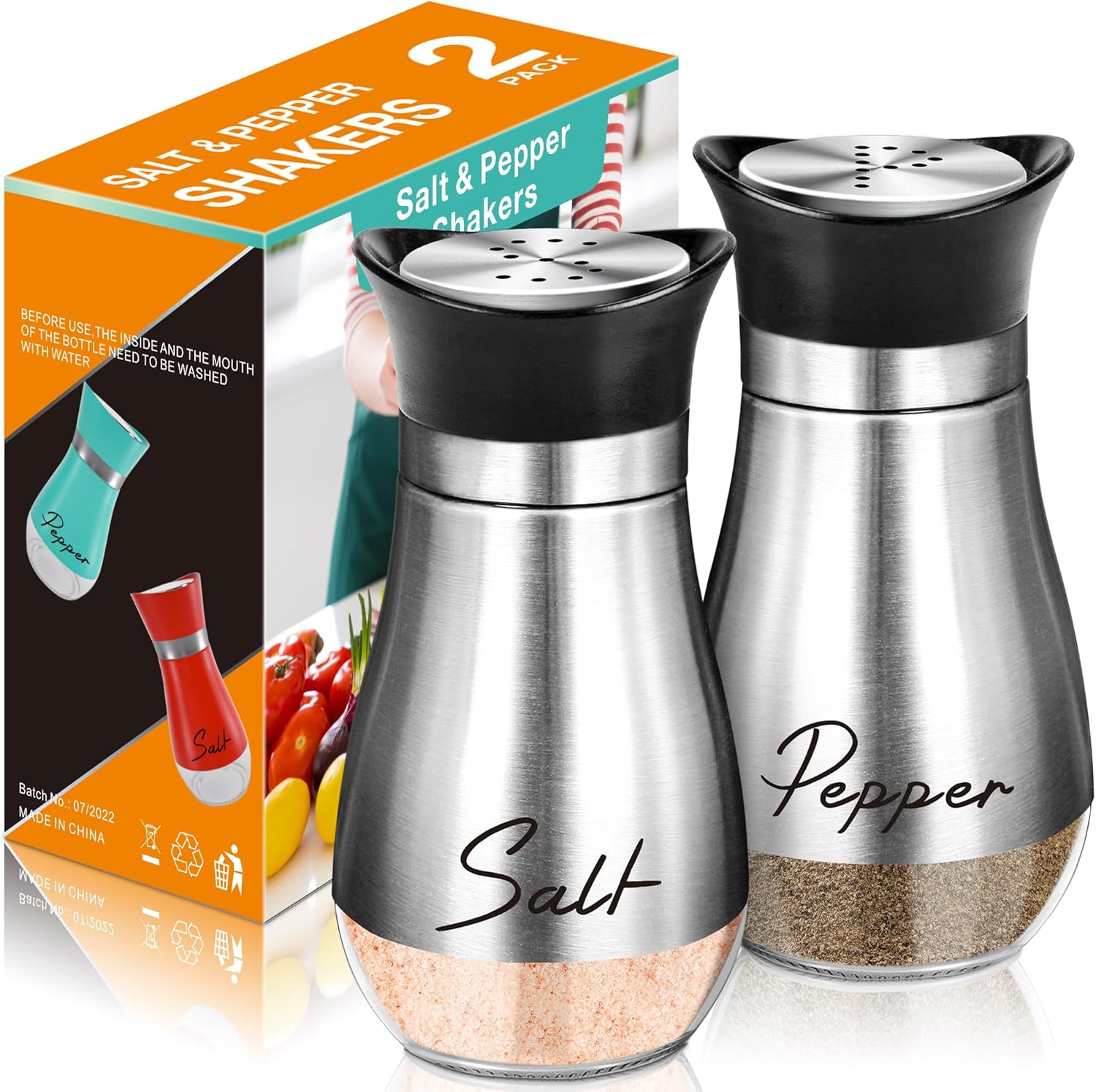 Salt and Pepper Shakers Set,4 oz Glass Bottom Salt Pepper Shaker with Stainless Steel Lid for Kitchen Gadgets Cooking Table, RV, Camp,BBQ Refillable Design (Silver)