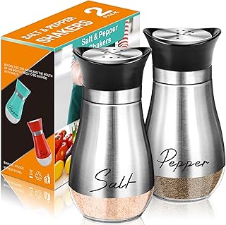 Salt and Pepper Shakers Set,4 oz Glass Bottom Salt Pepper Shaker with Stainless Steel Lid for Kitchen Gadgets Cooking Table, RV, Camp,BBQ Refillable Design (Silver)