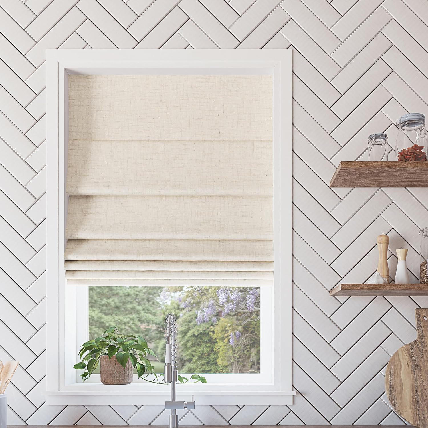 Sun Zero Seraphina Textured 100% Total Blackout Cordless Roman Shade, Linen, 31" W x 64" H