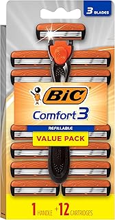 BIC Comfort 3 Refillable Three-Blade Disposable Razors for Men, Sensitive Skin Razor for a Comfortable Shave, 1 Handle and 12 Cartridges With 3 Blades, 13 Piece Razor Kit
