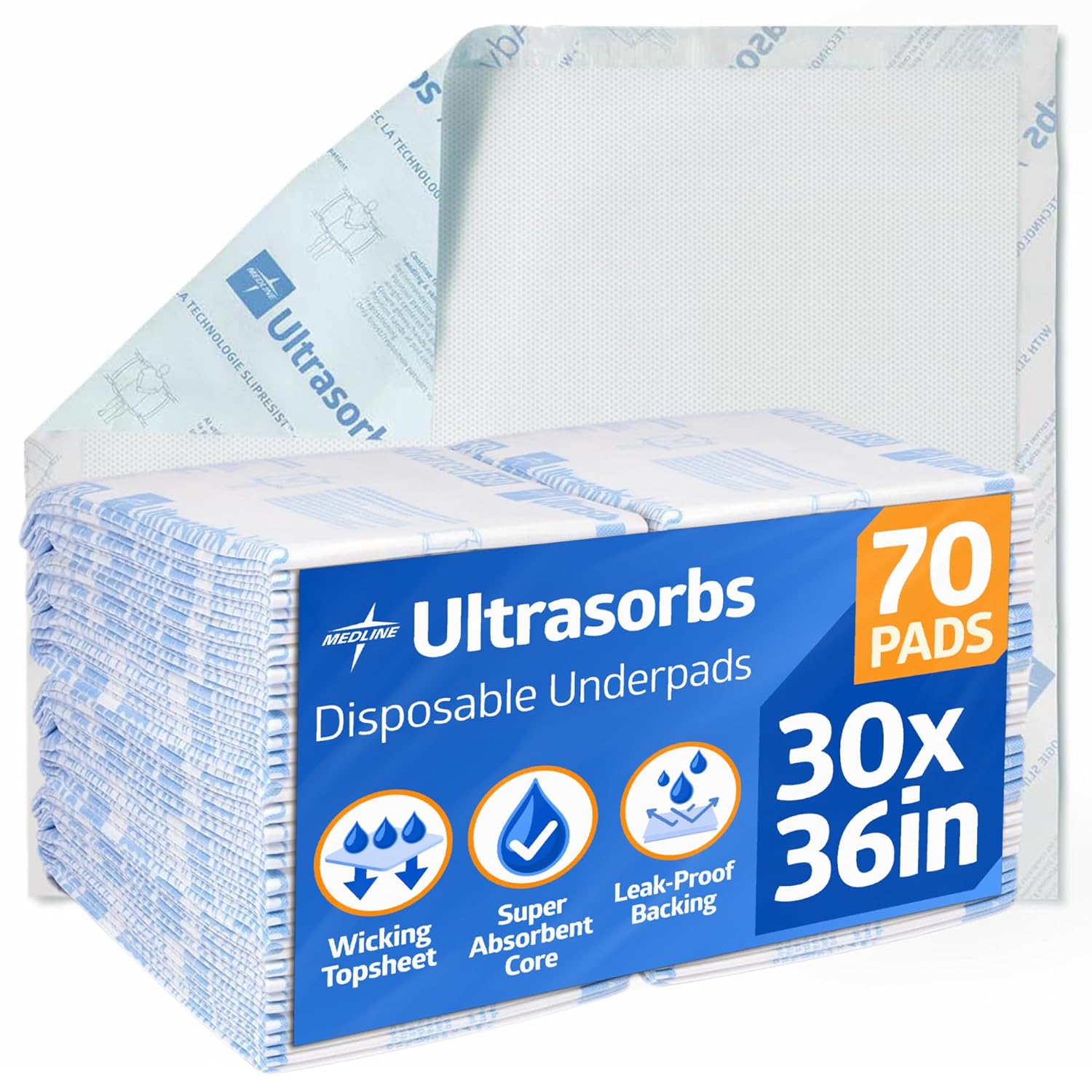 Medline Ultrasorbs Bed Pads Disposable Adult, Advanced Ultra Thick, 30x36, 70 Count, Chucks Pads Disposable Adult, Heavy Duty Chux Pads, for Incontinence, SlipResist Technology, 300 LB Capacity