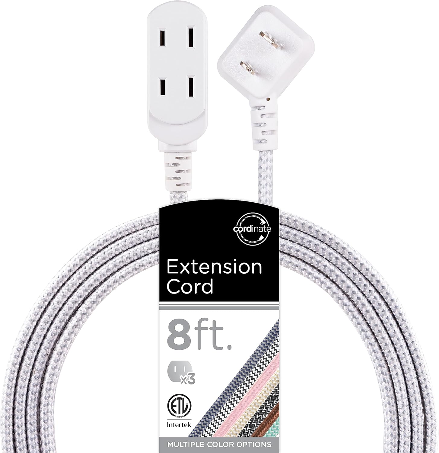 Cordinate Extension Cord, 8 Ft, 3-Outlet Flat Plug Extension Cord, Braided Extension Cord with Multiple Outlets, 2 Prong Extension Cord, Safety Slide 125V Long Extension Cord, 1 Pack, White, 39980