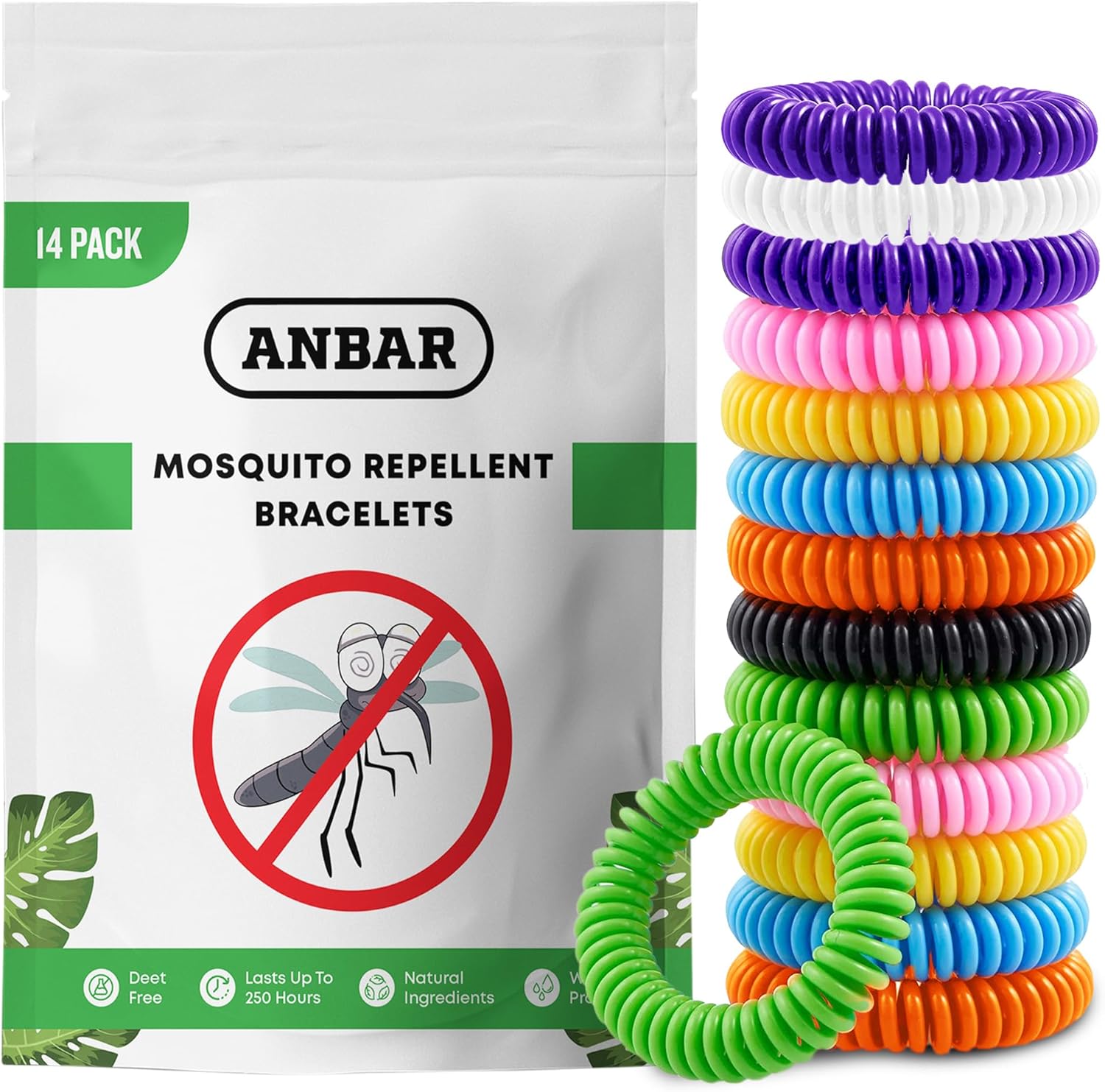 Anbar Mosquito Repellent Bracelets Bands for Adults and Kids, 14 Pack, All-Natural Deet-Free, Non-Toxic Protection, Stretchy Waterproof Anti-Mosquito Wristbands for Hiking and Camping