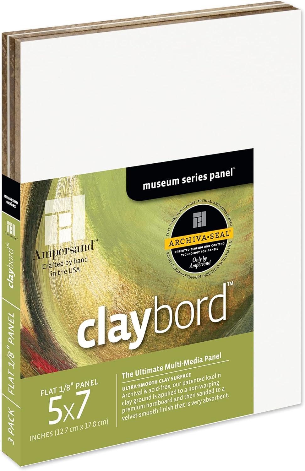 Ampersand Art Supply Wood Painting Panel: Museum Series Claybord, 5" x 7" - Pack of 3, 1/8" Flat Profile