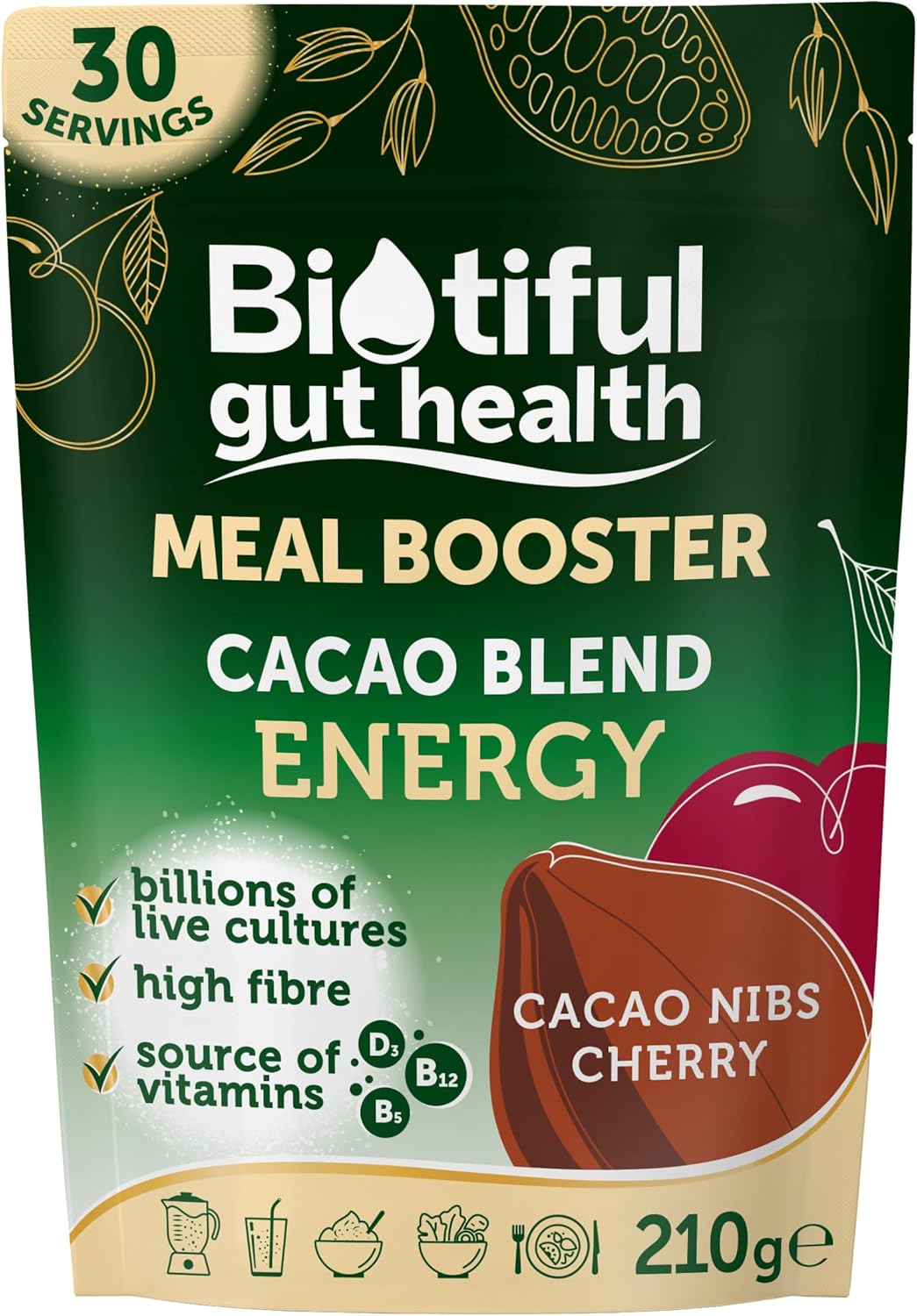 Biotiful 7-in-1 Gut Health Powder – High in Prebiotics & Probiotics for Digestive Health – Source of Protein & Vitamins (B5, B12, D3) – Affordable Everyday Price – Natural, Cacao & Cherry, 30 Servings