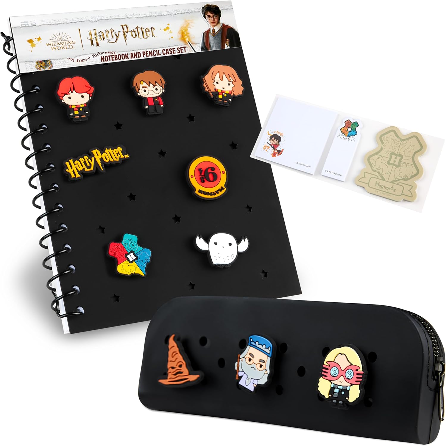 Harry Potter Customisable A5 Notebook and Zipped Pencil Case Stationery Set with Chibi Character Pins Sticky Notes Hogwarts School Supplies, Gifts for Kids