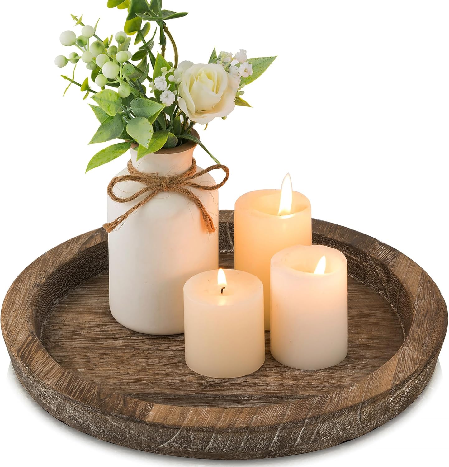 Hanobe Wooden Candle Holder Tray: Round Decorative Candle Plate Farmhouse Table Centerpiece Rustic Wood Tealight Pillar Trays for Christmas Wedding Halloween Home Decor