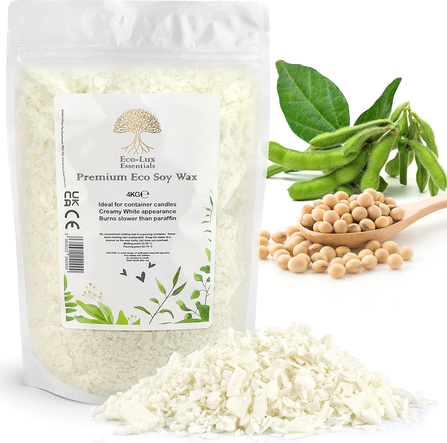 Eco-Lux Essentials Premium Eco Soy Wax, White, Vegan Cruelty Free, Candle Making from Organic Farm 100% Natural SOYA Wax (8.8, Pounds)