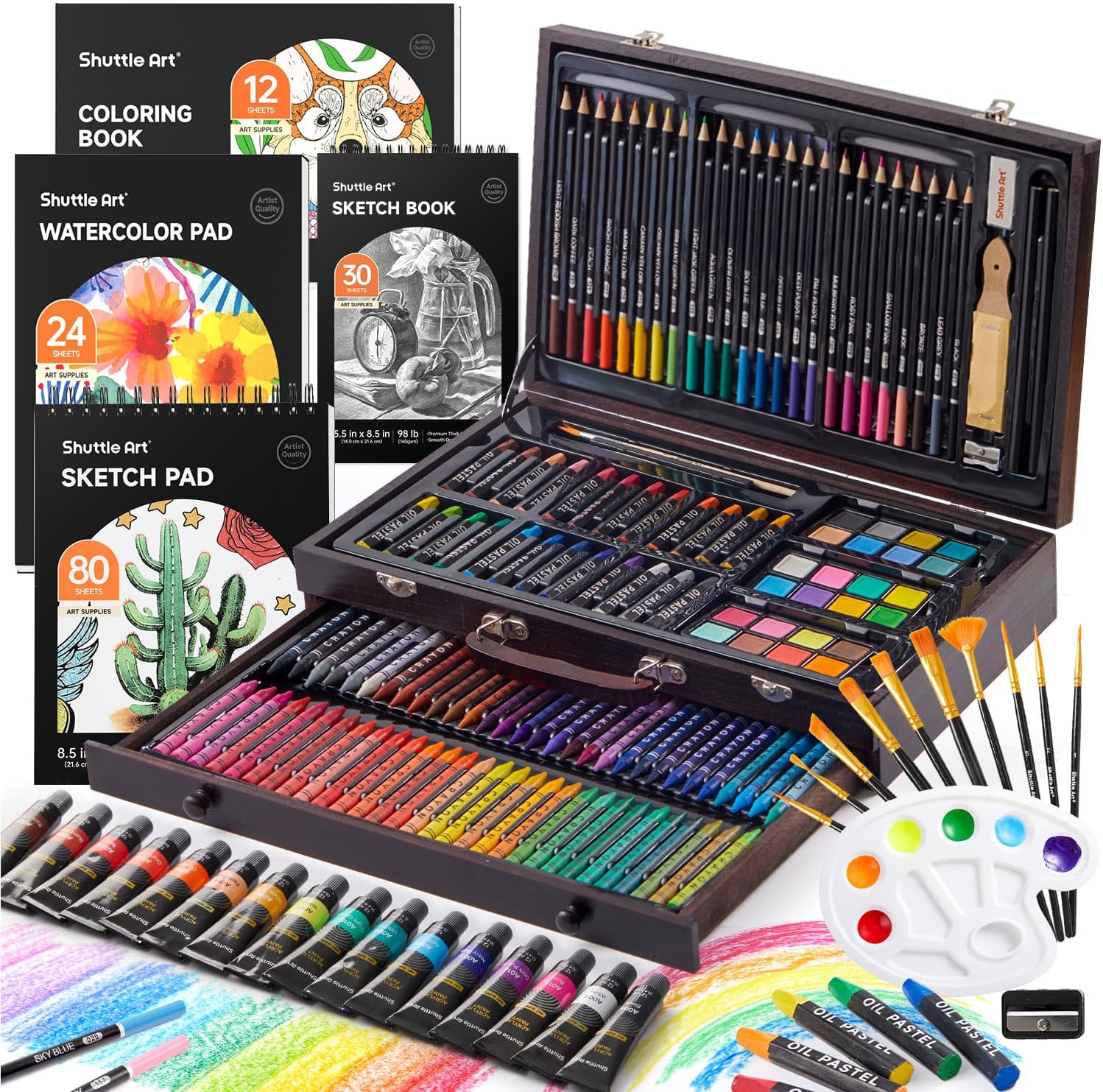 Shuttle Art 186 Piece Deluxe Art Set, Art Supplies in Wooden Case, Painting Drawing Art Kit with Acrylic Paint Pencils Oil Pastels Watercolour Cakes Colouring Book Sketch Pad for Kids and Adults