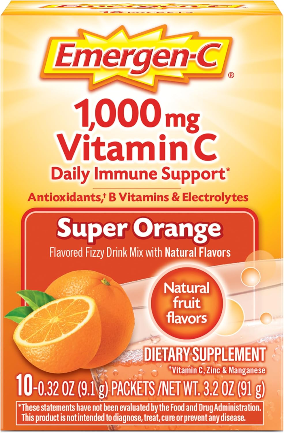 Emergen-C 1000mg Vitamin C Powder for Daily Immune Support Caffeine Free Vitamin C Supplements with Zinc and Manganese, B Vitamins and Electrolytes, Super Orange Flavor - 10 Count