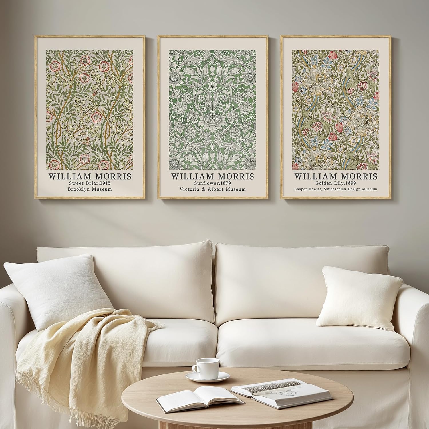 Framed William Morris Canvas Wall Art for Living Room, 3 Piece Large Vintage Sage Green Artwork for Walls Nature Floral Botanical Picture Prints for Bedroom, Hallway, Home Office Wall Decor, 16x24
