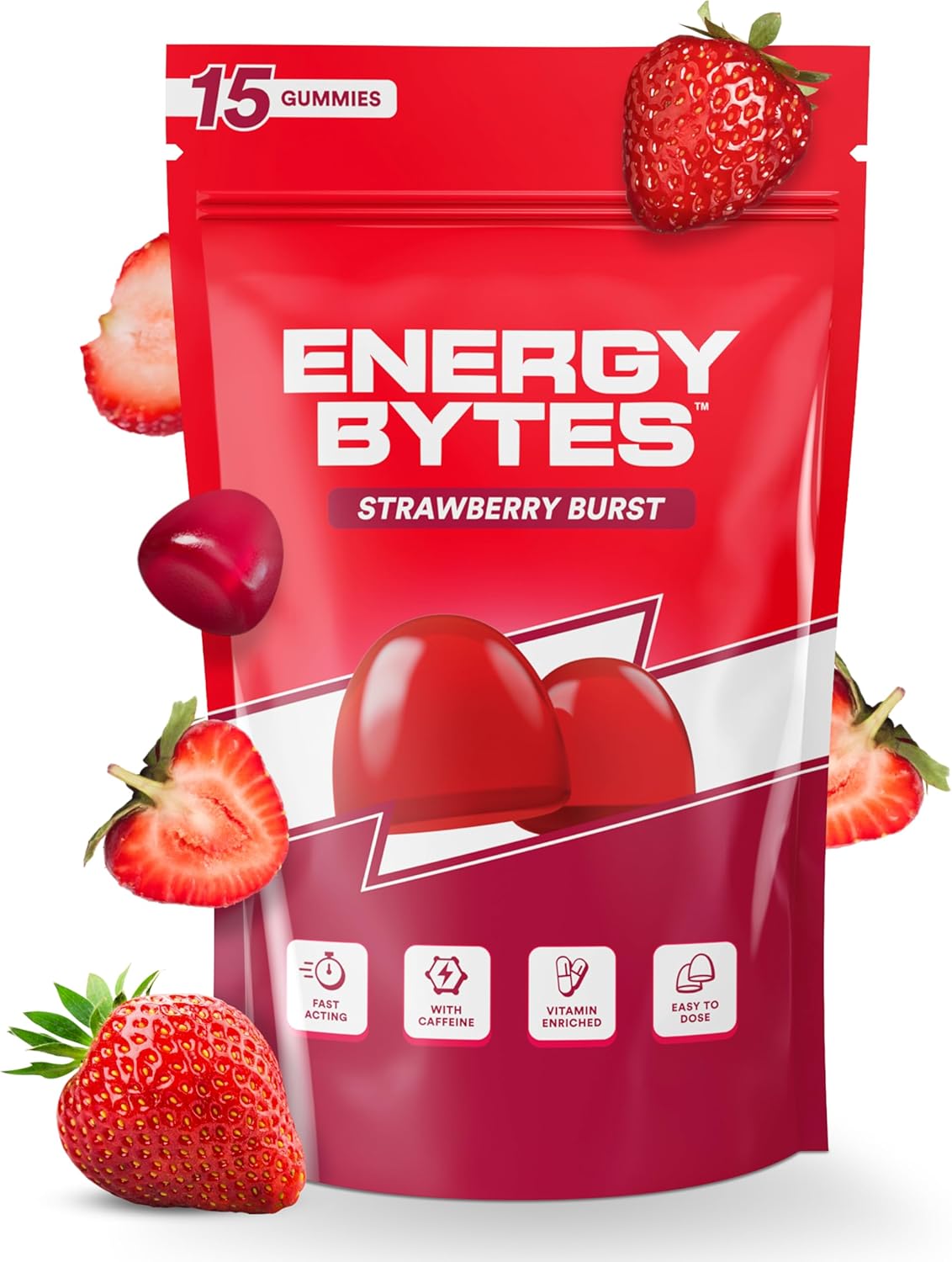 Energy Bytes Caffeine Energy Gummies - Fast, Delicious Boost for Focus & Productivity - Superior to Energy Drinks, Gels, Chews - Vegan, Low Sugar, with Vitamins A, D, B3, B6 & B12 | 15 Count