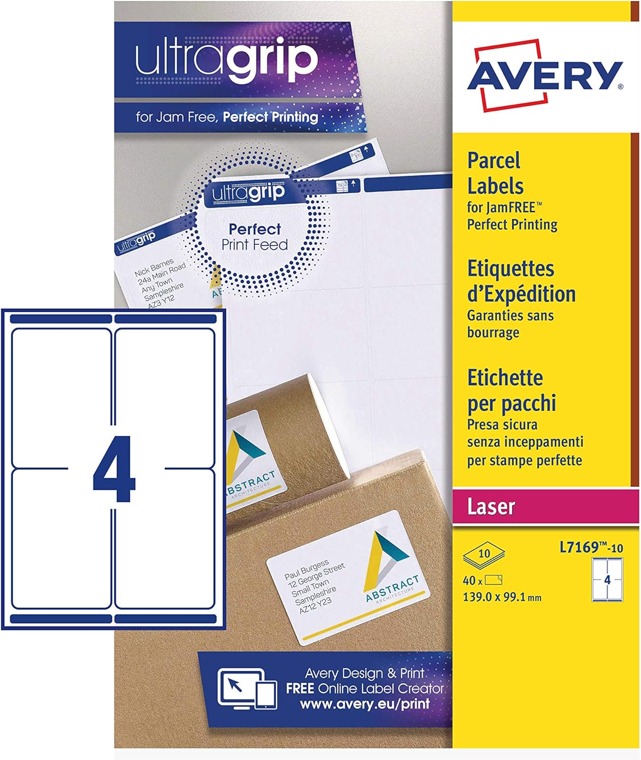Avery JamFREE, Printable, Parcel Labels, FSC Certified, 139 x 99.1mm, White, 4 Labels per Sheet, 40 Blank Labels per Pack (L7169)