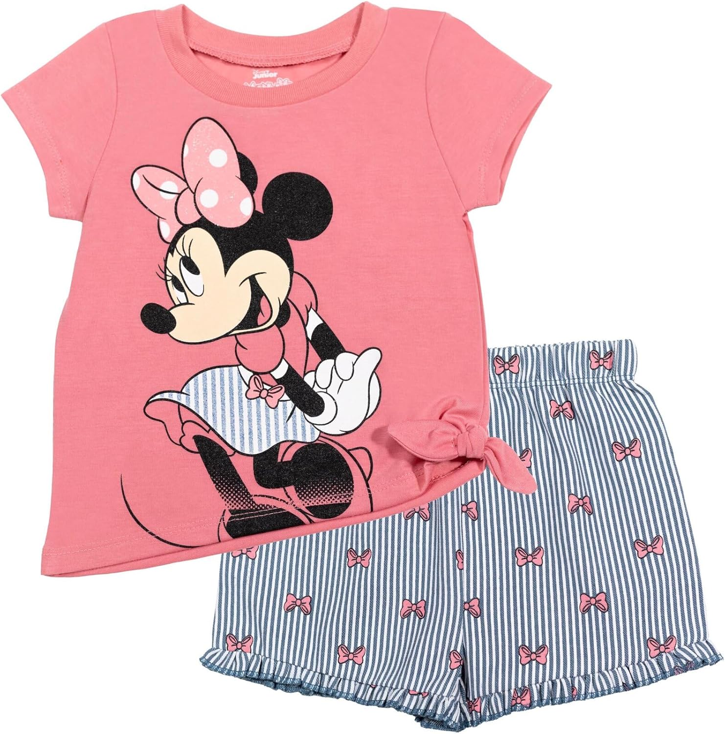 Disney Minnie Mouse Rainbow Floral T-Shirt and Chambray Shorts Outfit Set Infant to Big Kid Sizes (12 Months - 14-16)