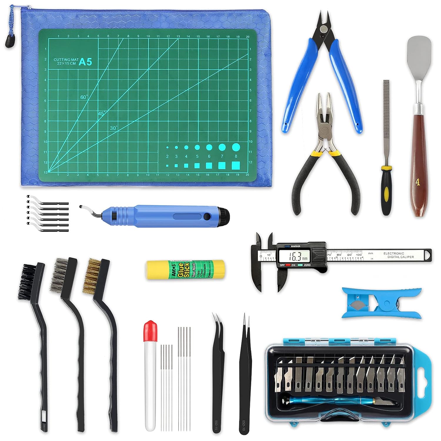 45 Pieces 3D Printer Tools Kit, 3D Printing Accessory Includes Deburring Tool, Digital Caliper, Art Knife Set, Tube Cutter, Storage Bag Suitable for 3D Print Removing, Cleaning, Finishing