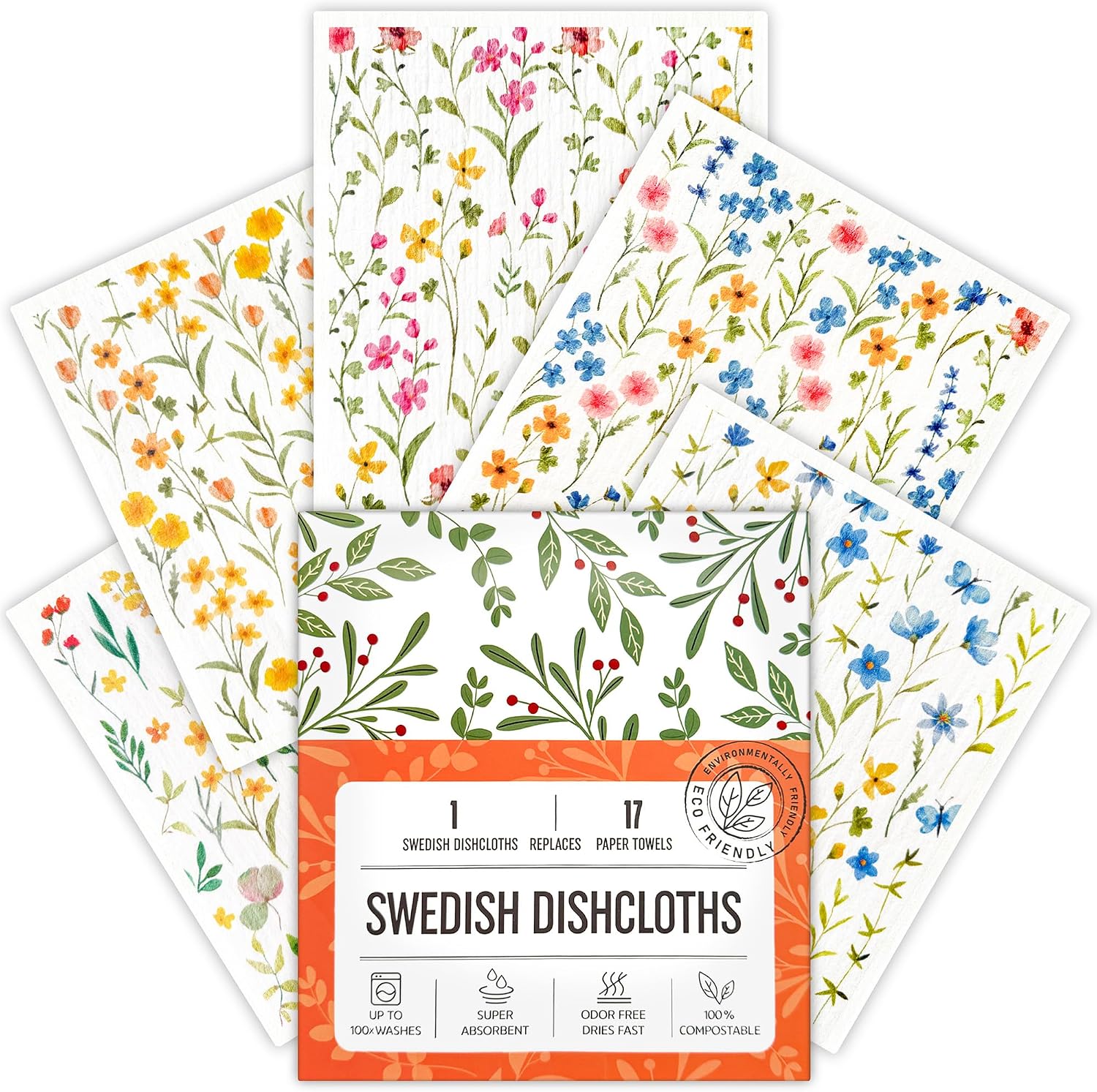 Swedish Dishcloths for Kitchen, 5 Pack Flowers Reusable Paper Towels Washable, Super Absorbent Swedish Dish Cloths, Biodegradable, Non-Scratch, No Odor