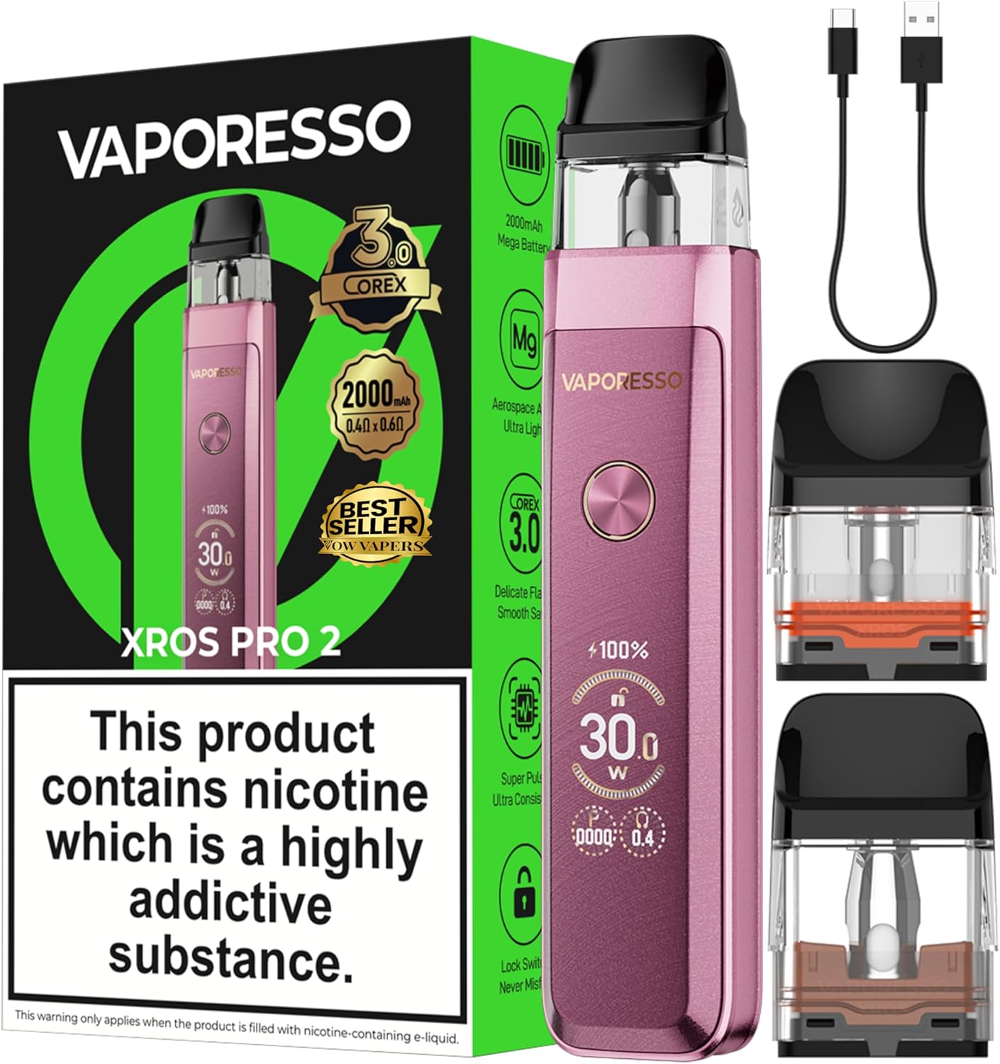 Vaporesso Xros Pro 2 Vape Pod Kit 30W, Built in 2000mAh Mega Battery, Compatible with XROS Pods, Fast Charge, 2ML, No Nicotine (Moonlit Pink)