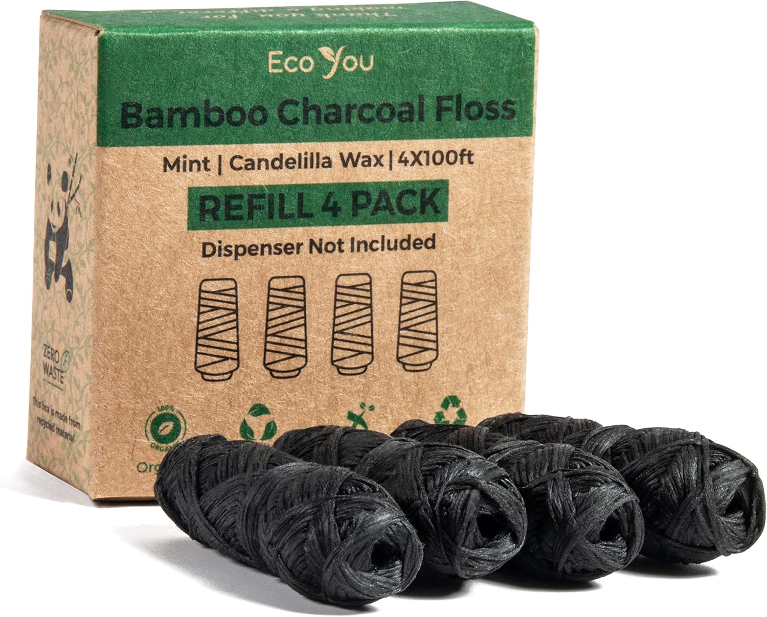 EcoYou Eco Floss Charcoal Dental Floss Refills | Mint & Candelilla Wax Biodegradable Floss (Black 4 Refills Only)