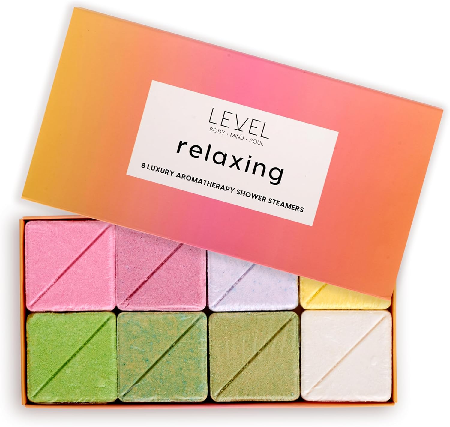 Level Body Mind Soul - Aromatherapy Shower Steamers - Relaxing, 8 Pack - Birthday Gifts for Women - Shower Bombs with Multiple Fragrances - Self Care Relaxation, Body Restore