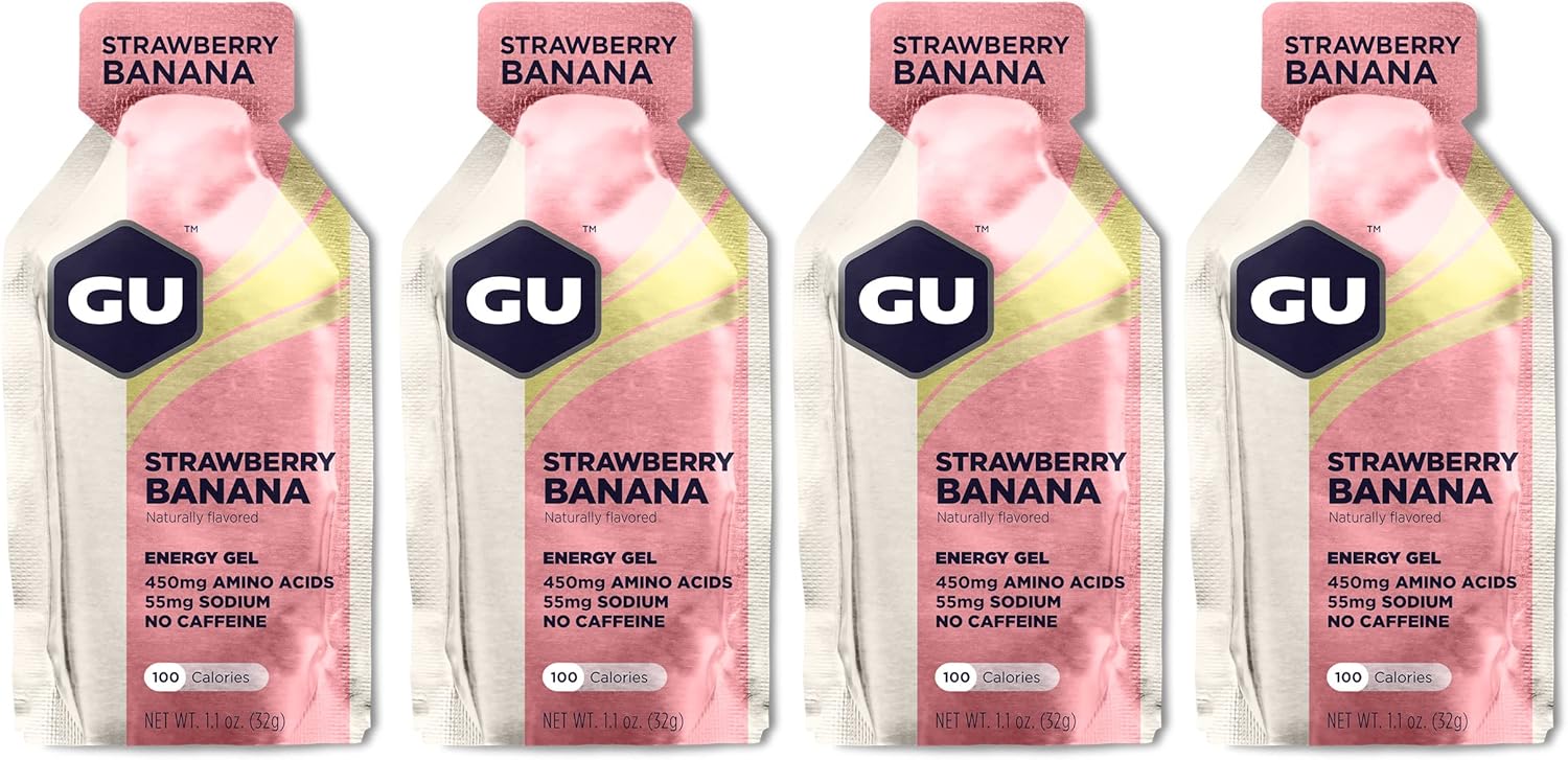 GU Energy Running Gels - 4 Gel Taster Pack - Sports Energy Gels For Running , Cycling, Triathlon (Strawberry Banana), 32.0 g
