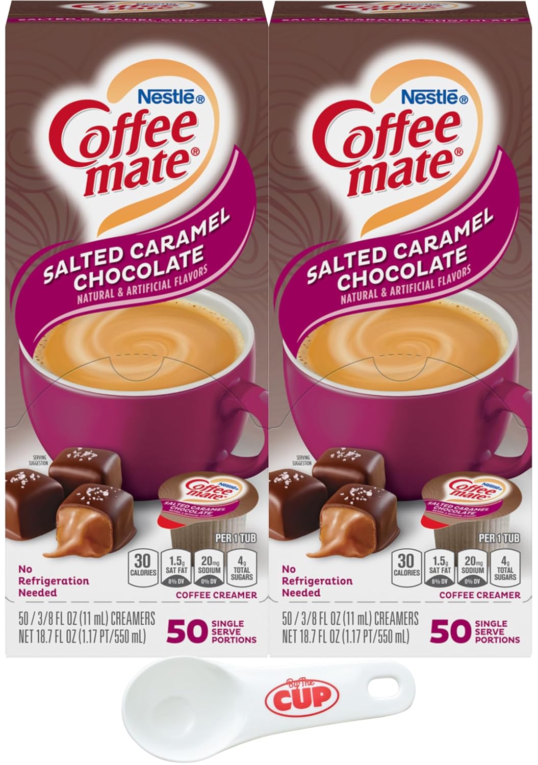 Nestle Coffee mate Liquid Coffee Creamer Singles, Salted Caramel Chocolate, 50 Ct Box (Pack of 2) with By The Cup Coffee Scoop