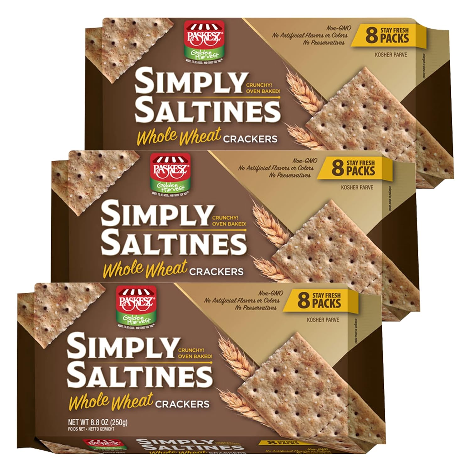 Only Kosher Candy Simply Saltines Whole Wheat Crackers, Crunchy Oven Baked Kosher Parve Non-GMO, No Artificial Flavor and Color Contain 8 Stay Fresh Packs, Pack of 3