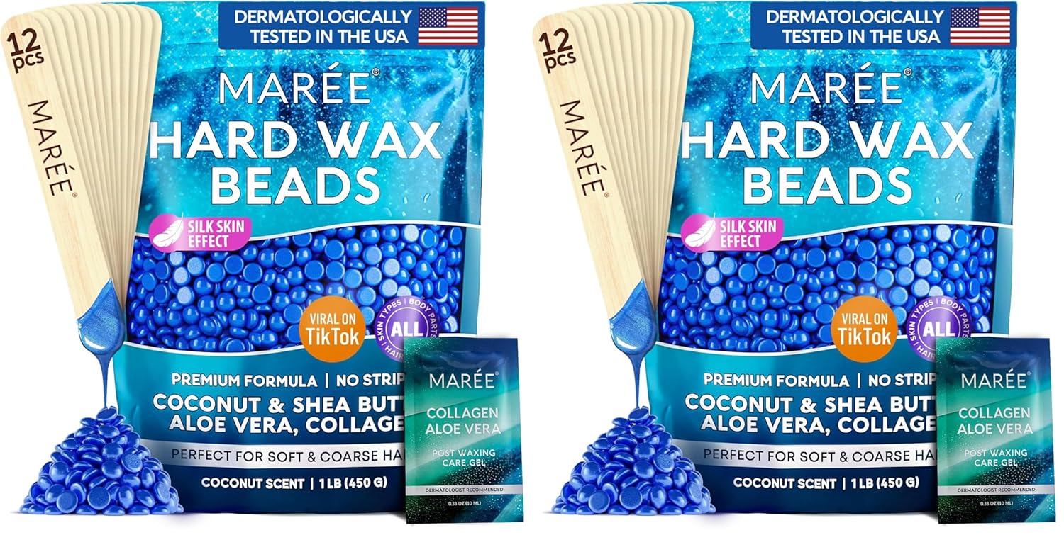 MAREE Hard Wax Beads - Hair Removal Kit with Marine Collagen Shea Butter & Aloe Vera - Body & Bikini - For Sensitive Skin - 450G (Pack of 2)