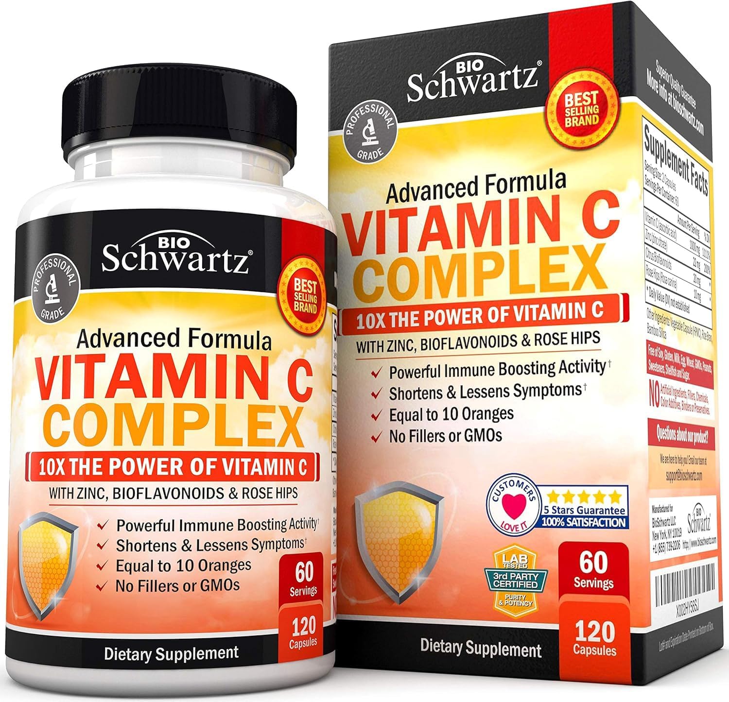 BioSchwartz Vitamin C Complex Supplement - Vitamin C 1000mg Capsules with Rose HIPS Zinc and Citrus Bioflavonoids for Immune Health, Cellular Energy, Collagen Production, 120 Count (60 Day Supply)