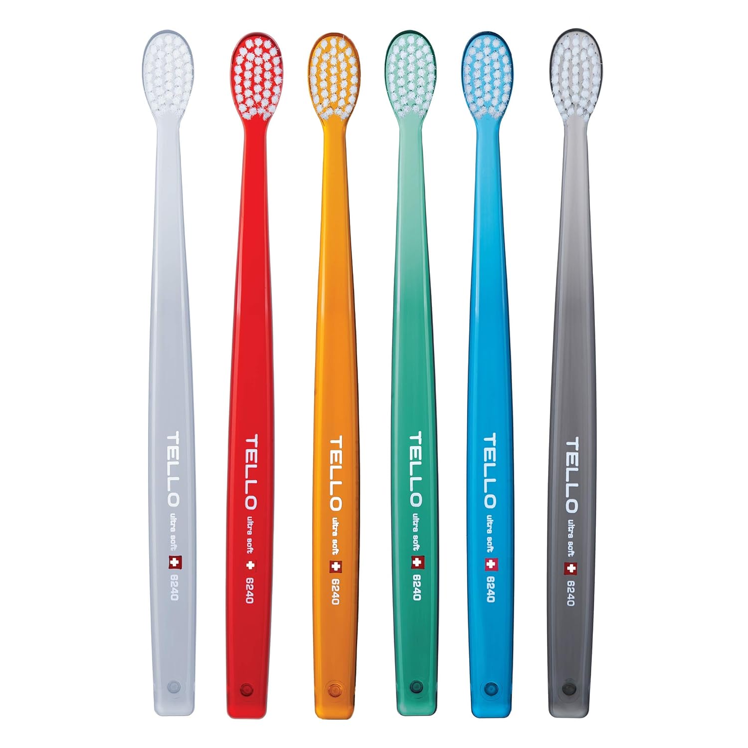 TELLO 6240 Adult Ultra Soft Swiss Toothbrush for Gentle Cleaning with Ergonomic Handle, Assorted Colors,6 Count