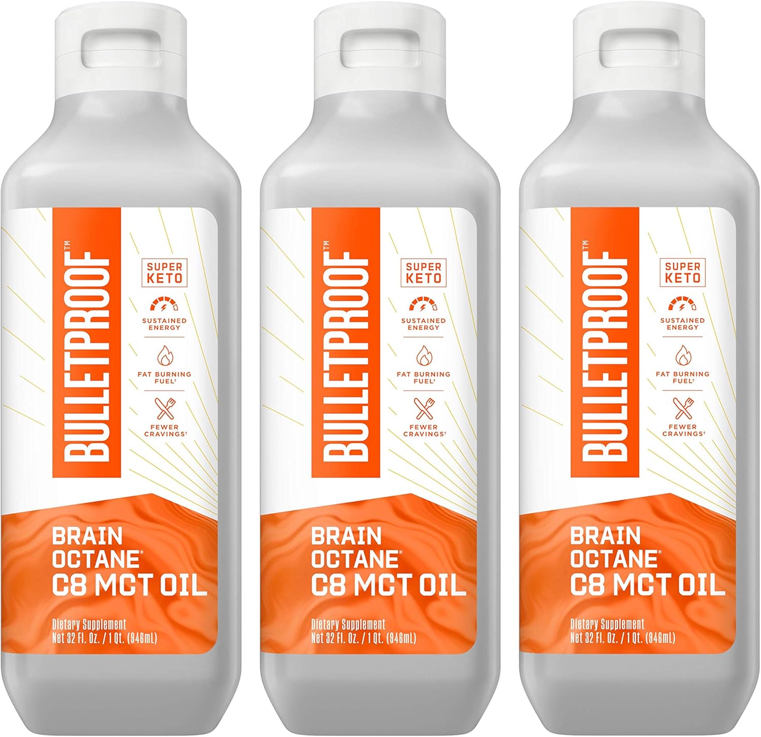 Bulletproof Brain Octane C8 MCT Oil, 32 Ounces (Pack of 3), Keto Supplement for Sustained Energy and Craving Support