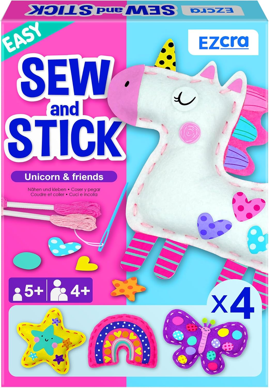 EZCRA Easy Arts and Crafts for Kids - No Mess Sewing Kit for Kids - 4 Easy to Do Unicorn Sewing Projects - Fun Felt Stickers - Tools with Instruction - Gifts for Girls Age 4,5,6,7,8