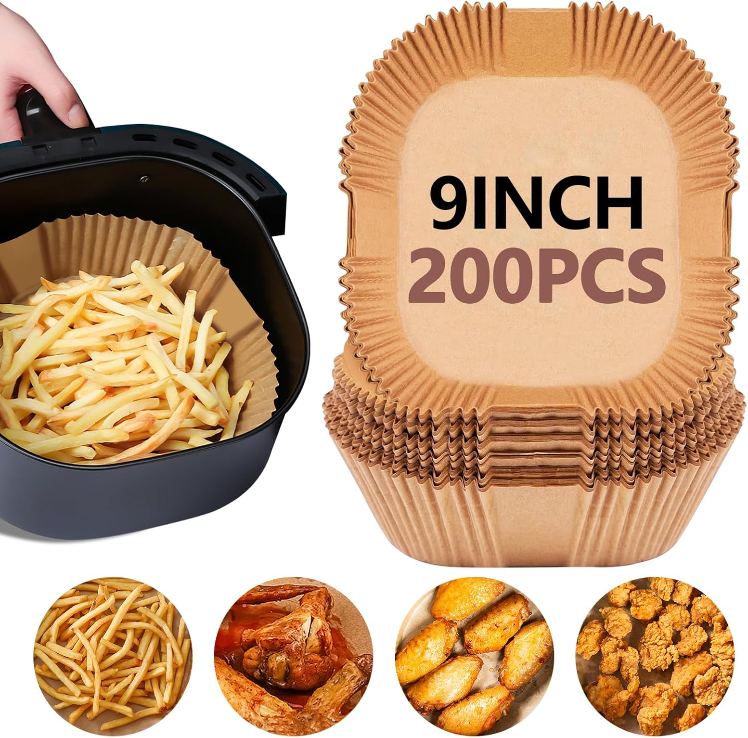 UBeesize 9 Inch Air Fryer Paper Liners,200 PCS Parchment Paper, Air Fryer Disposable Paper Liner for Microwave, Non-Stick Air Fryer Liners Square Free of Bleach(Bottom size 8 Inch)