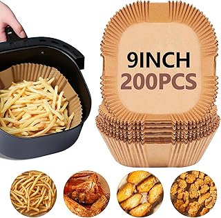 UBeesize 9 Inch Air Fryer Paper Liners,200 PCS Parchment Paper, Air Fryer Disposable Paper Liner for Microwave, Non-Stick Air Fryer Liners Square Free of Bleach（Bottom size 8 Inch）
