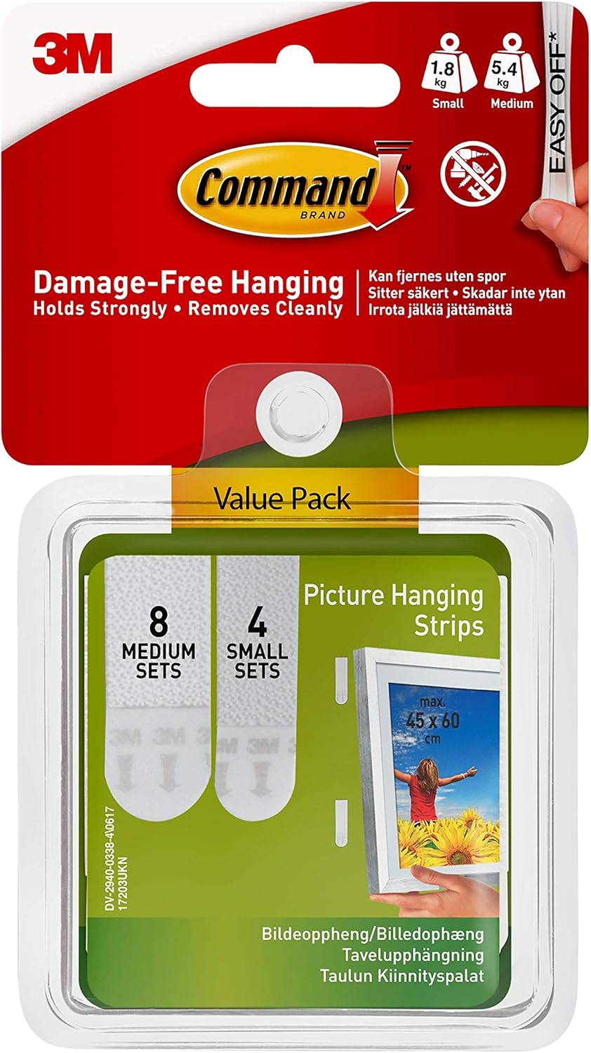 Command Picture Hanging Strips, Value Pack, White - 4 Pairs of Small (8 Strips), 8 Pairs of Medium (16 Strips) - For Pictures, Frames, Mirrors, Wall decor - Damage Free Hanging