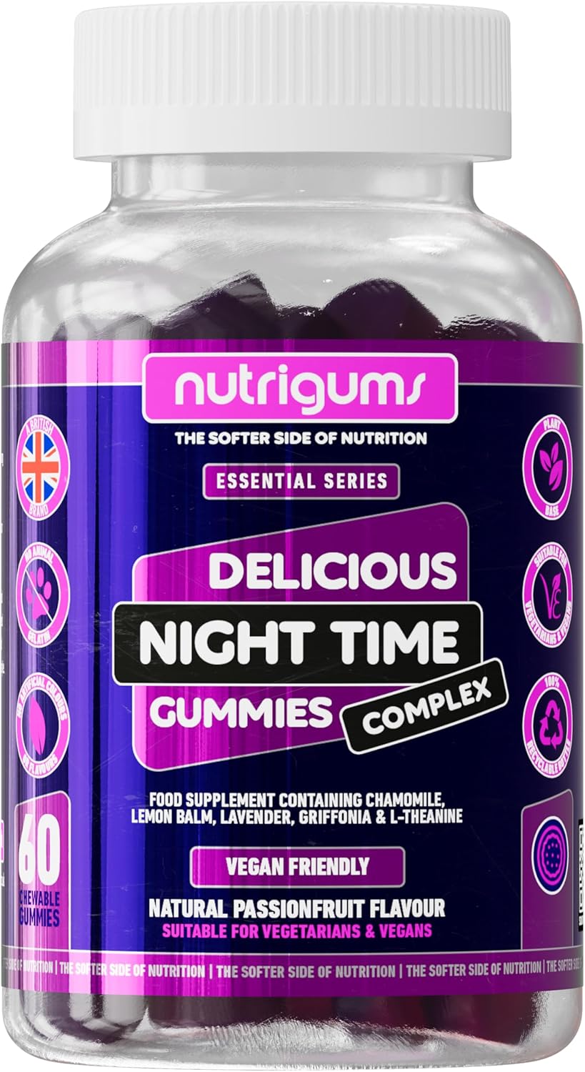 Night Time Complex Gummy | Chamomile, Lemon Balm, Lavender, Griffonia & L-Theanine | Passionfruit Flavour | 60 Vegan Gummies | Sleep & Bed Relaxation Support by NUTRIGUMS®