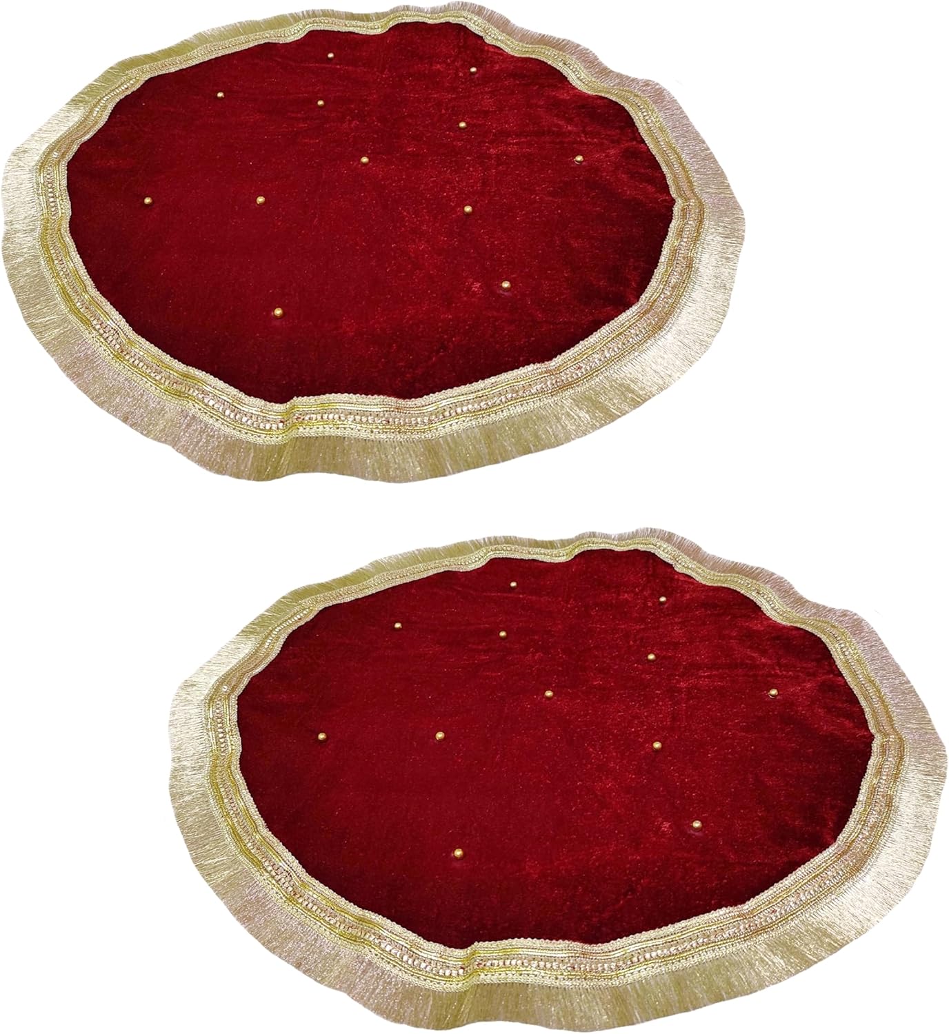 Navti Creations Combo of 2 Round Velvet THAALPOSH/Puja aasan for God Mandir/Prasad Thali Cover with moti Work for Diwali, Navratri, karwa chauth and Various Puja Rituals 18 inches (Maroon)
