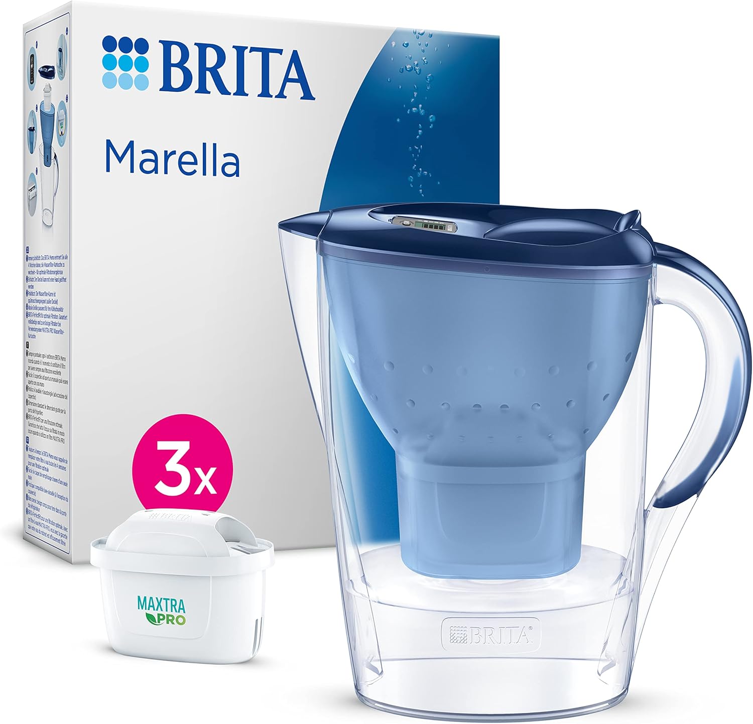 BRITA Marella Water Filter Jug Blue (2.4L) Starter Pack incl. 3x MAXTRA PRO Pure Performance cartridge - fridge-fitting jug with digital LTI and Flip-Lid - now in sustainable Smart Box packaging