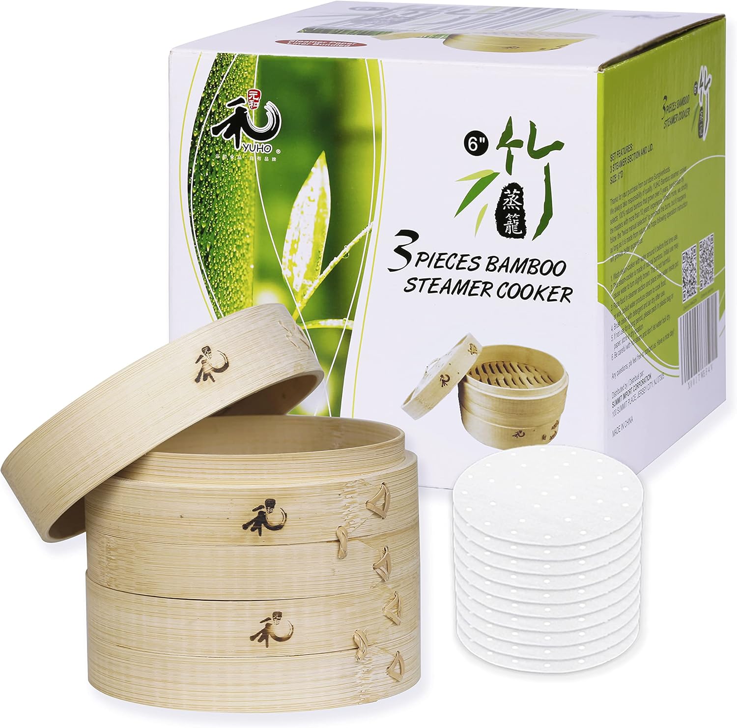 Yuho Asian Kitchen 6 Inch Bamboo Steamer Basket, Individually Box, 2 Tiers & Lid, 10 Parchment Liners, Perfect For Steaming Dumplings, Vegetables, Meat, Fish, Rice (Holiday Gifts)